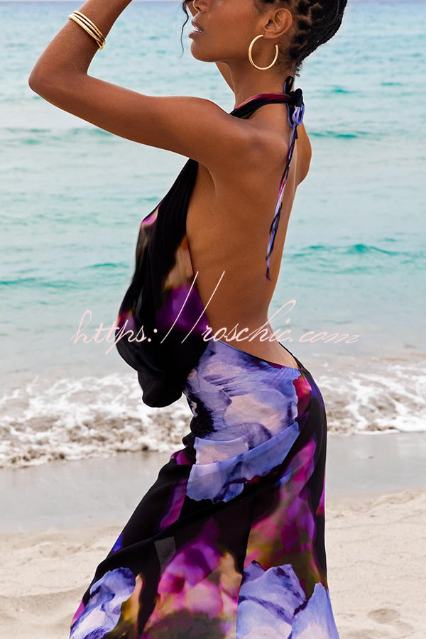 Bold and Tie-dye Abstract Halter Drape Neck Backless Maxi Dress