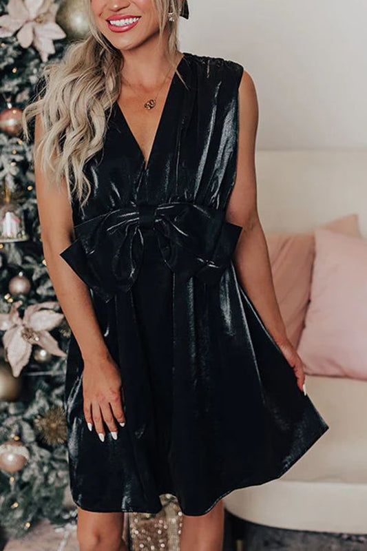 Mesmerizing Sight Satin Bow Design Pocketed Mini Dress