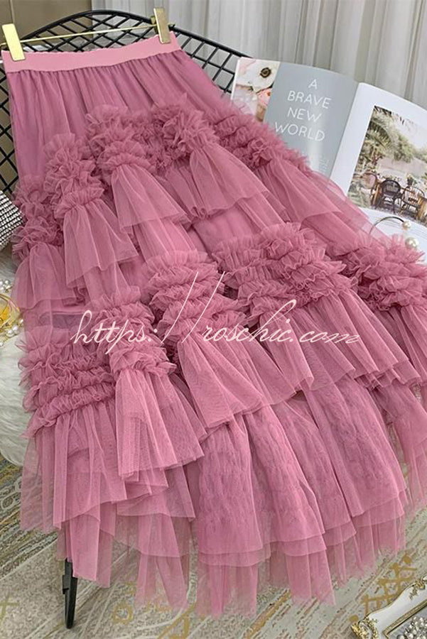 Mood Tulle Pleated Ruffle Elastic Waist Tiered Midi Skirt