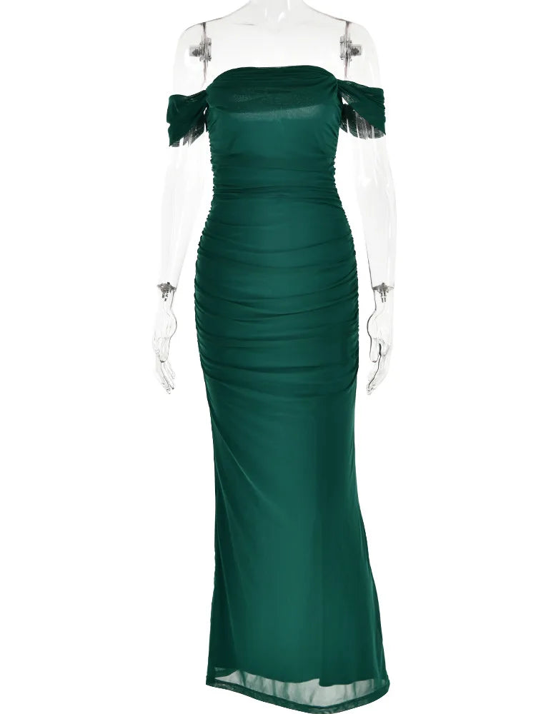 One Line Neck Mesh Pleated Dress Bodycon Backless Party Club Evening Vestidos Slim Maxi Long Dress