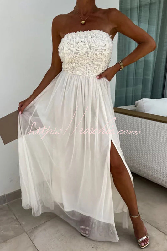 Romance and Lightness Tulle Texture Pleated Patchwork Strapless Slit Maxi Dress