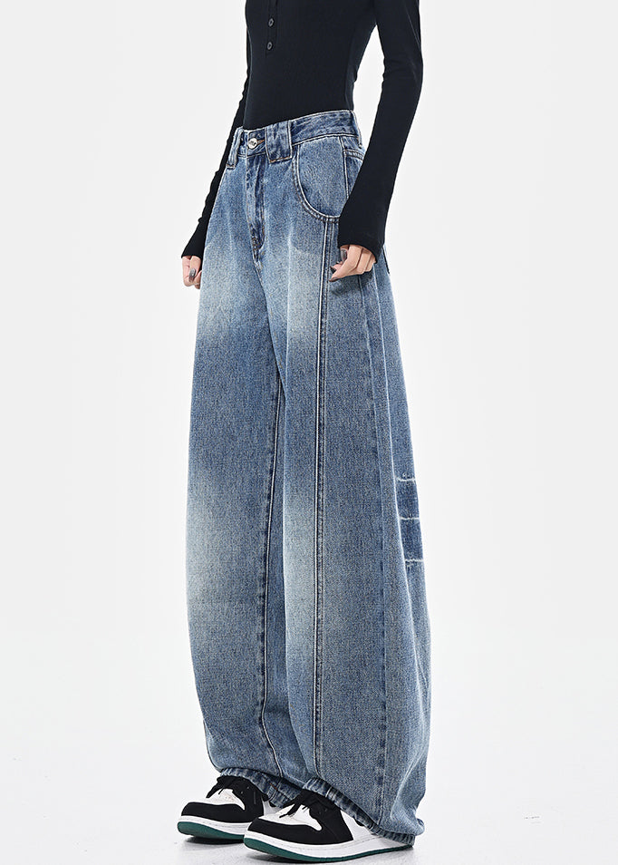 Pants Pockets High Spring Blue Patchwork Waist Denim