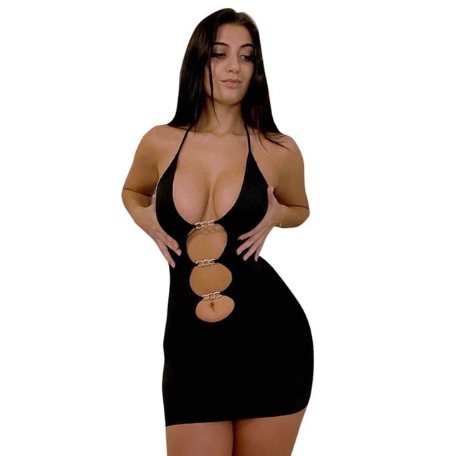 Mounted Mini Dress Hollow Out Summer Bodycon Dresses for Party Club Wear Chain Vestido