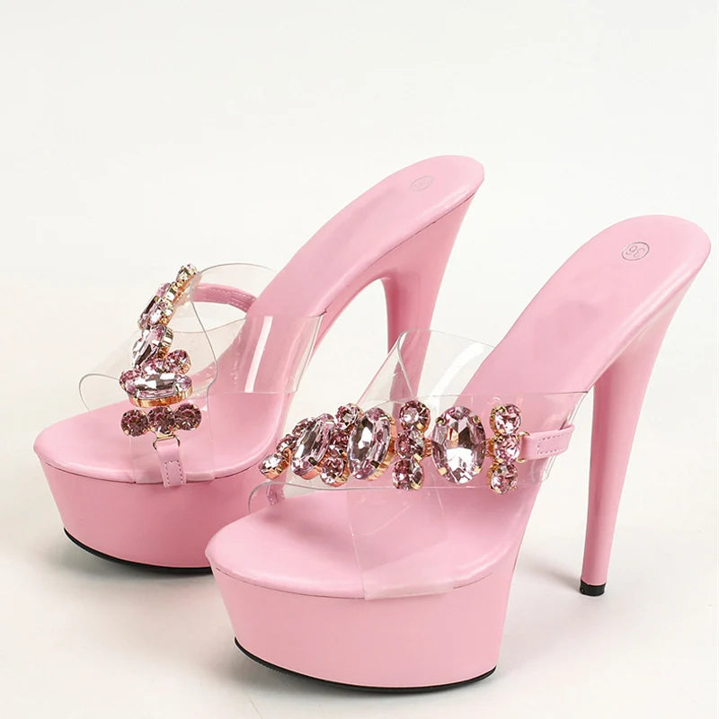 Summer Pink Diamond Chain Platform Stripper Heels Transparent Sandal ’s Sandal