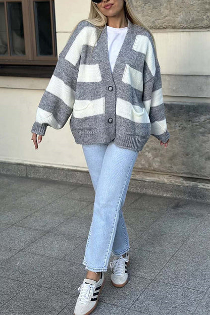 V-neck Long-sleeved Striped Pocket Knitted Cardigan