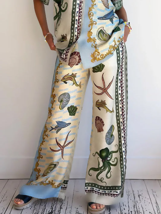 Unique Deep Sea Print Loose Wide-leg Pants