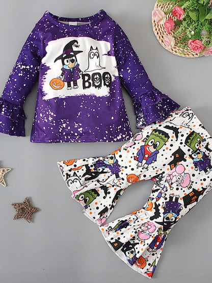 Cotton Girl Cartoon Letter Print Flared Pants Set Ar7090