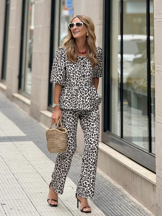 Leopard Print Cardigan and Pants Set