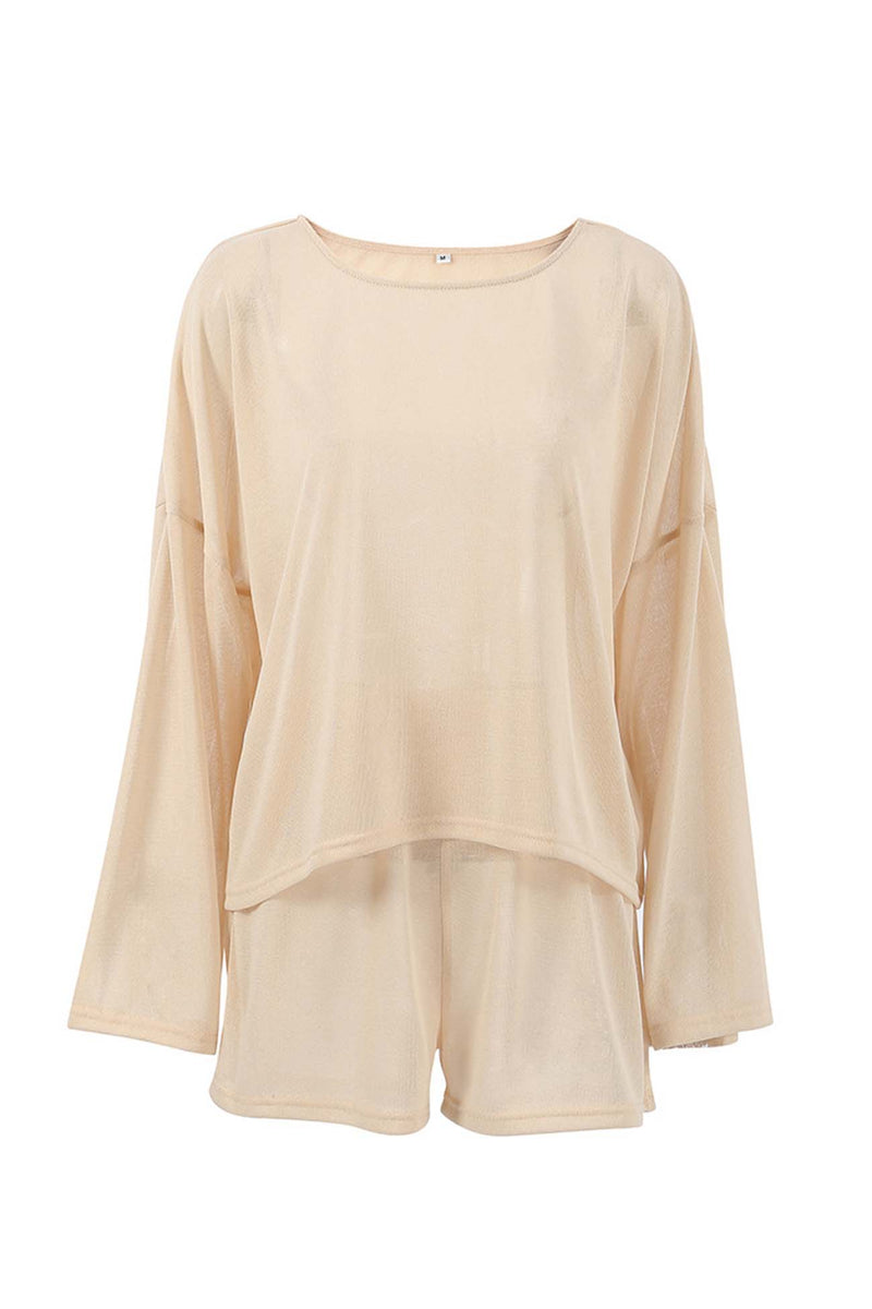 Khaki Long Sleeve Shorts Two-piece Set