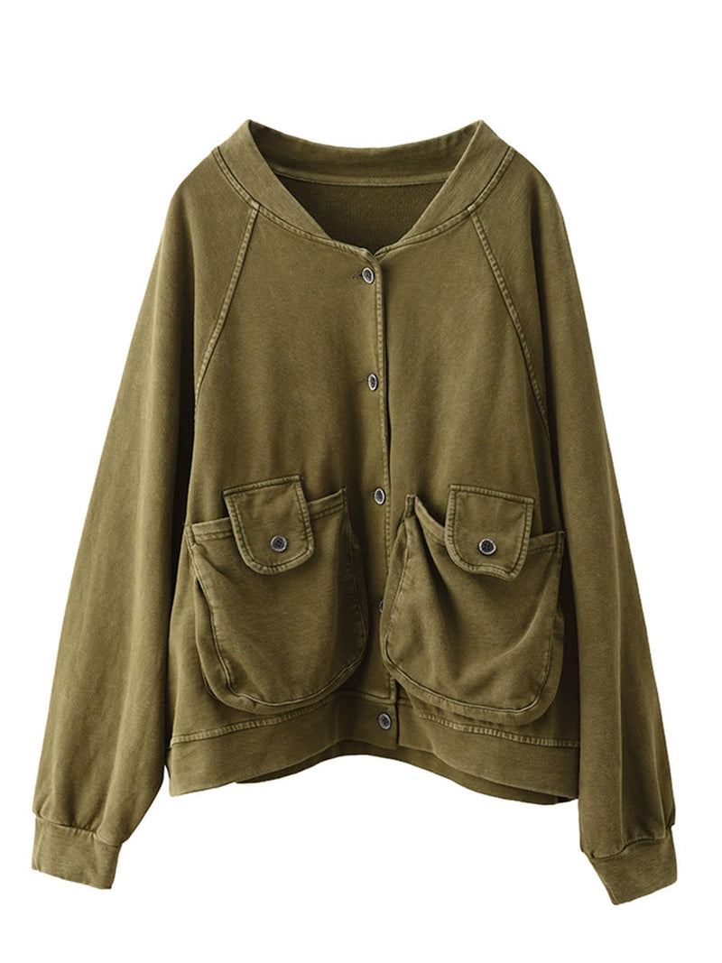 Retro Pure Color Stand Collar Pocket Cotton Coat Ax1008