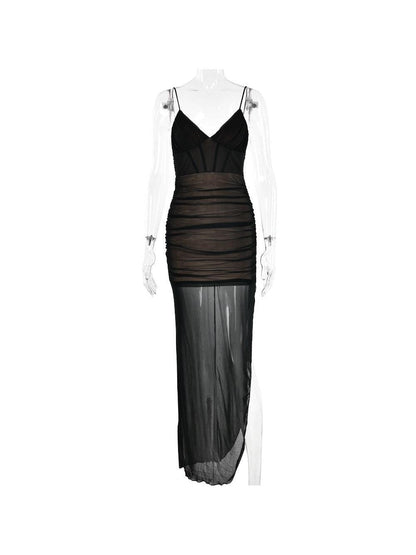 Mesh Tulle Spaghetti Strap Slit Maxi Dress
