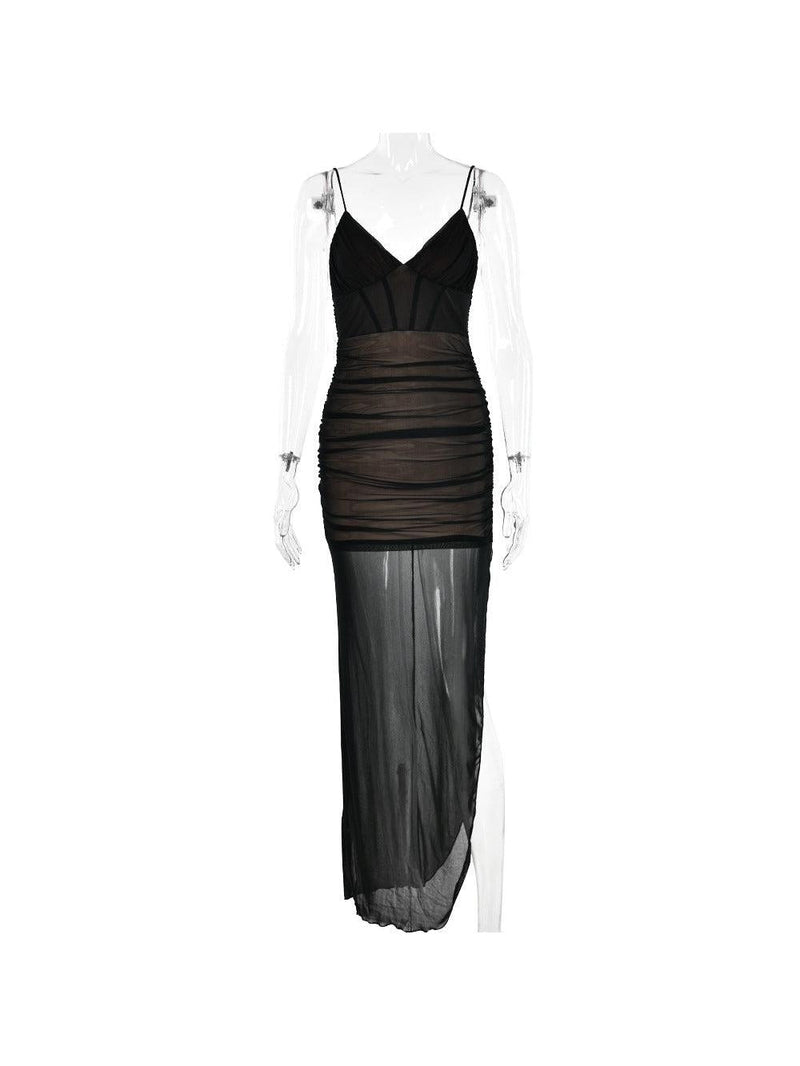 Mesh Tulle Spaghetti Strap Slit Maxi Dress