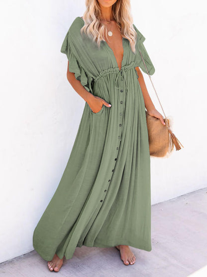 Button Cotton Linen Perfect Beach Maxi Dress
