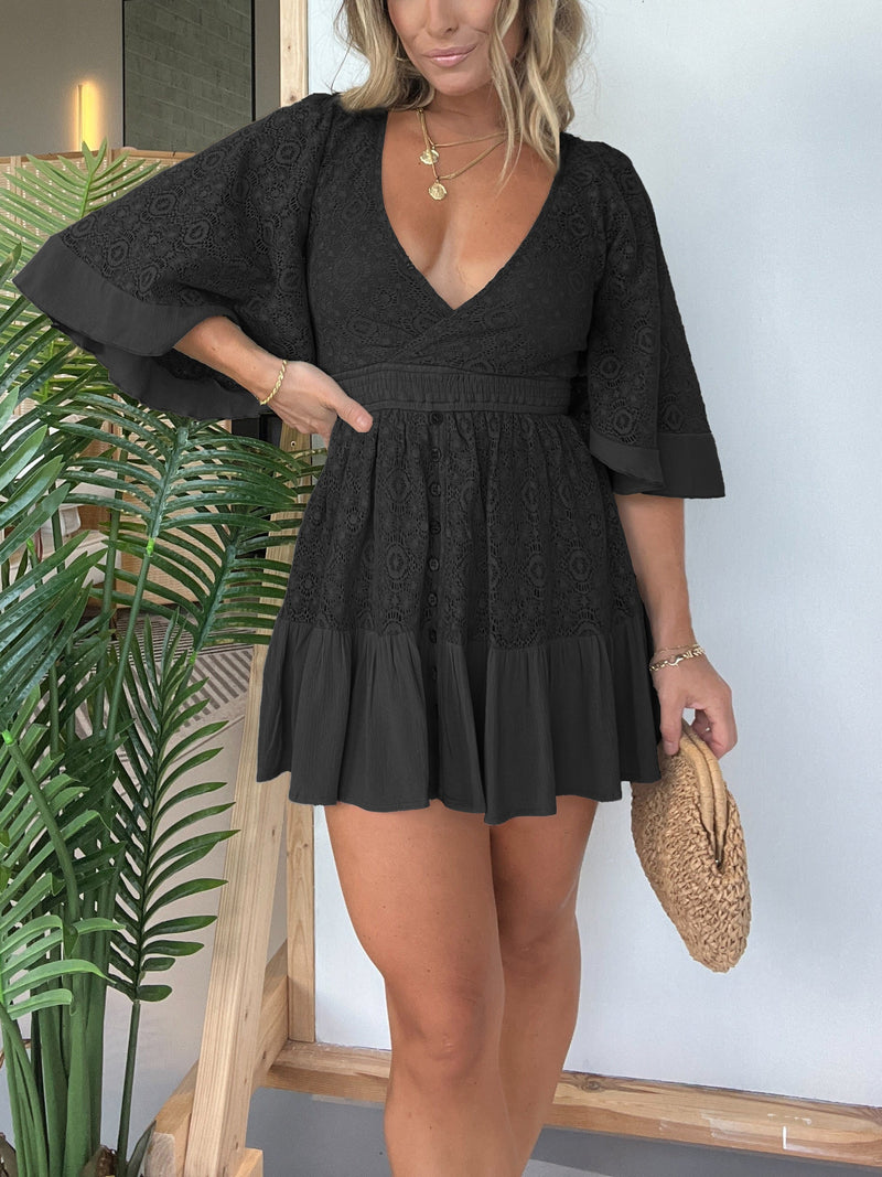 Lace Crochet Romper Dress With Built-in Shorts