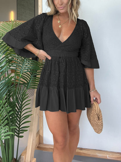Lace Crochet Romper Dress With Built-in Shorts