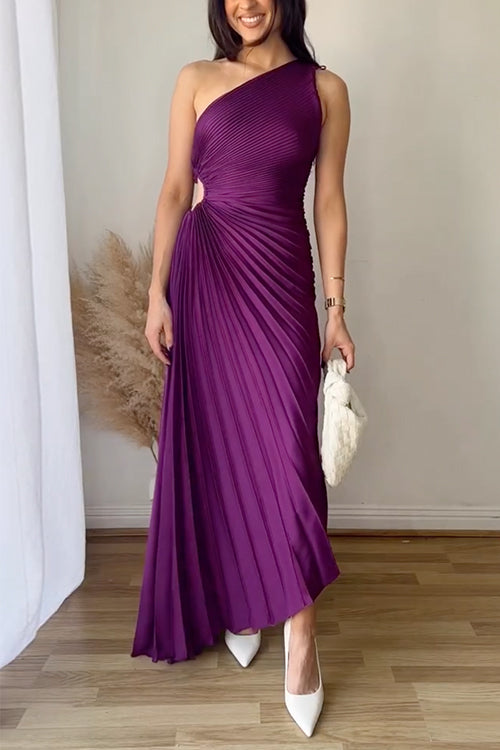 One Shoulder Cut Out Waist Pleated Maxi Dress