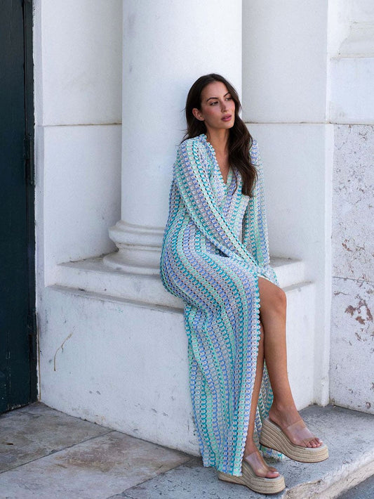 V Neck Bell Sleeve Wavy Striped Crochet Beach Vacation Maxi Dress - Blue
