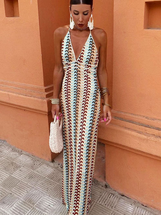 Halter V Neck Backless Pattern Knit Slim-fit Vacation Maxi Dresses-beige
