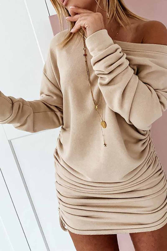 Strapless Drawstring Pleated Color Mini Dress(3 Colors)