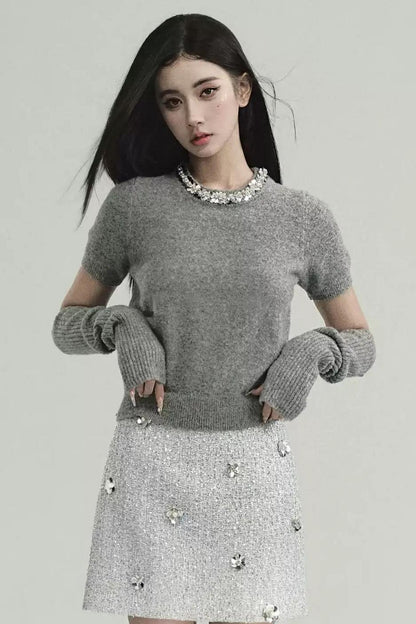 Layered Look: Pearl-trimmed Cropped Sweater With Detachable Arm Warmers