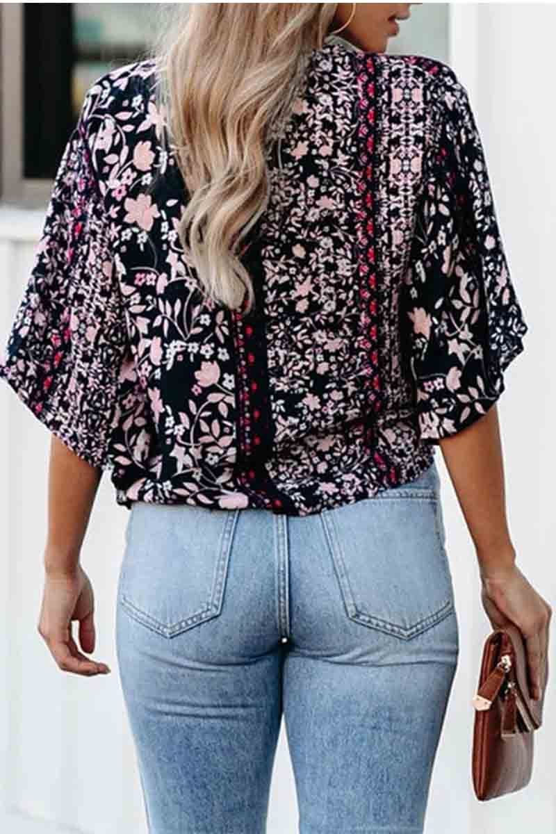 V-neck Printed Knotted Blouse Top