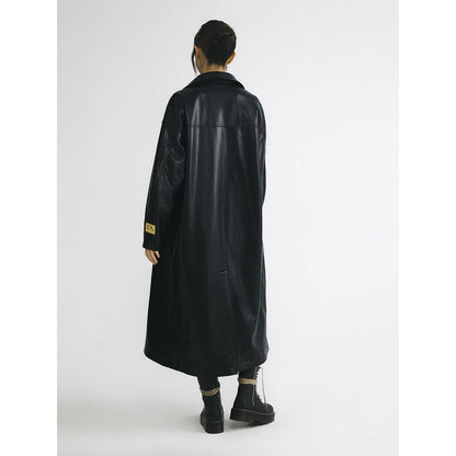 Black Leather Hooded Coat With Oversized Zipper