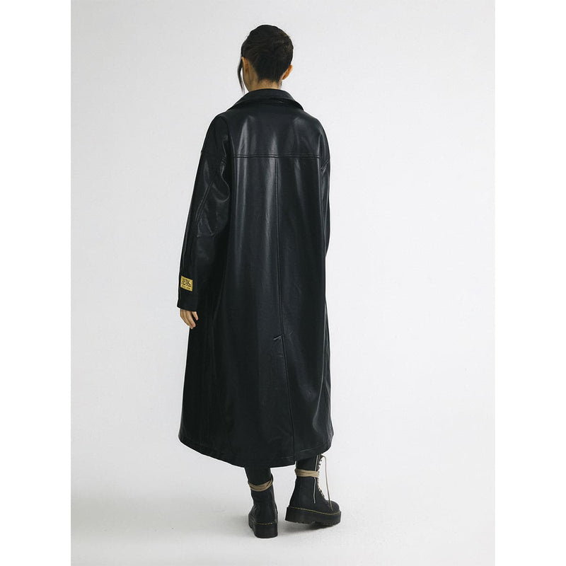 Black Leather Hooded Coat With Oversized Zipper