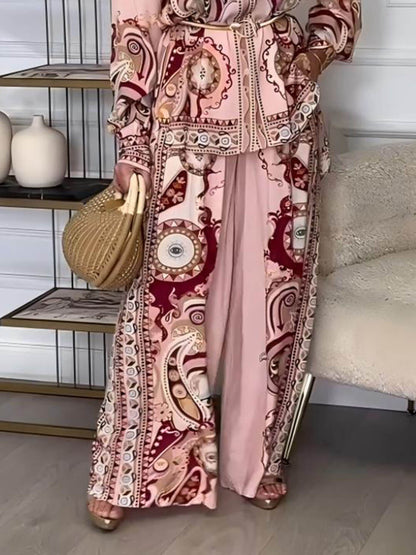 Modern and Exquisite Unique Satin Pattern Print Elastic Waist Loose Wide-leg Pants