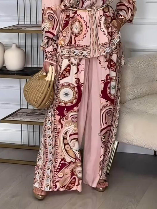 Modern and Exquisite Unique Satin Pattern Print Elastic Waist Loose Wide-leg Pants