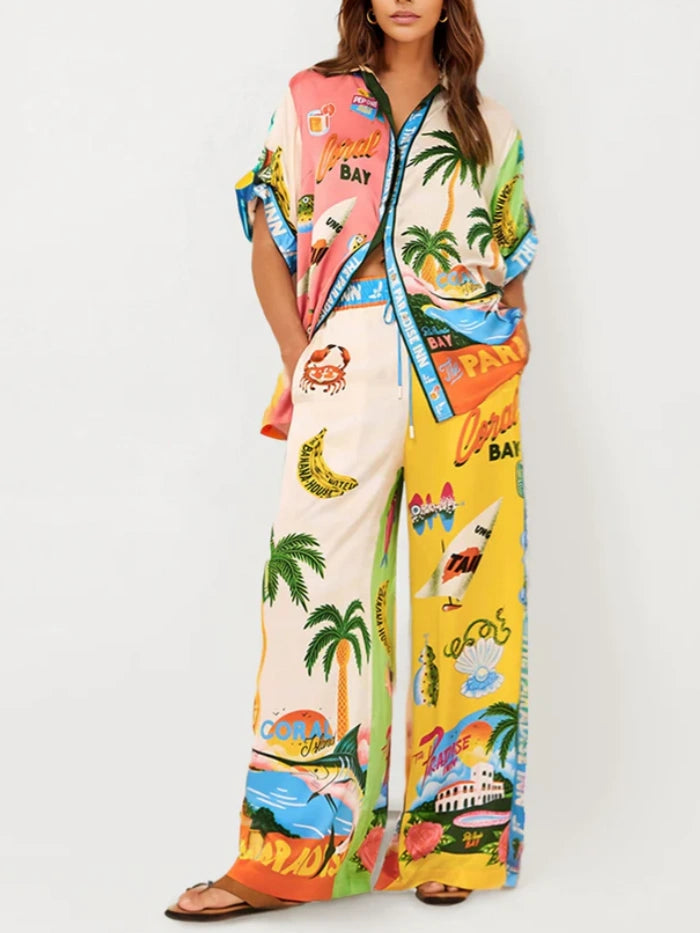 Sunset Beach Graphic Print Wide-leg Pants