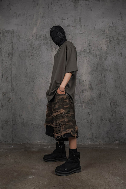 Double-layered Shredded Camo Shorts