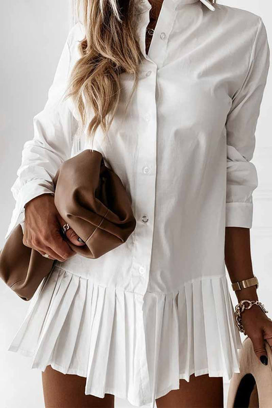 Long Sleeve Pleated Color Mini Dress