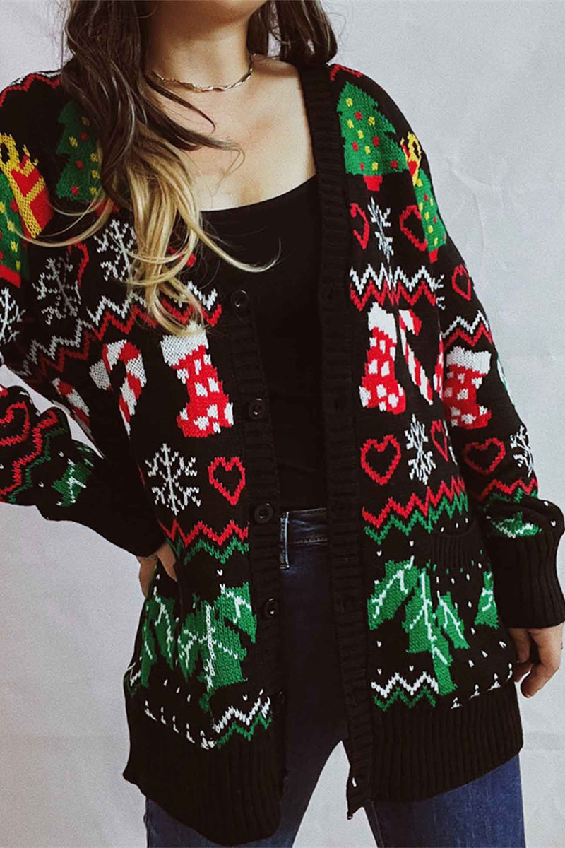 Contrast V Neck Jacquard Cardigan