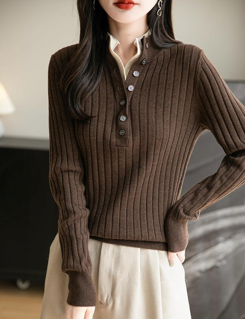 Merino Wool Blend Color Block Stand Collar Sweater