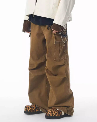 Washed Pleated Wide Leg Cargo Pants