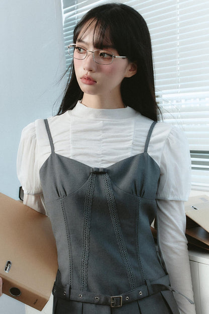 Professional Grey Blazer and Pleated Mini Dress Set