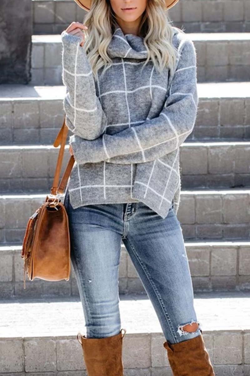 Turtleneck Plaid Sweater(5 Colors)