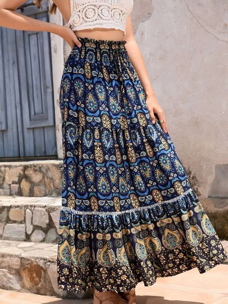 Shirred High Waist Skirt in Blue
