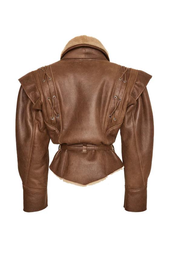 Faux Fur Pu Leather Lace-up Coat