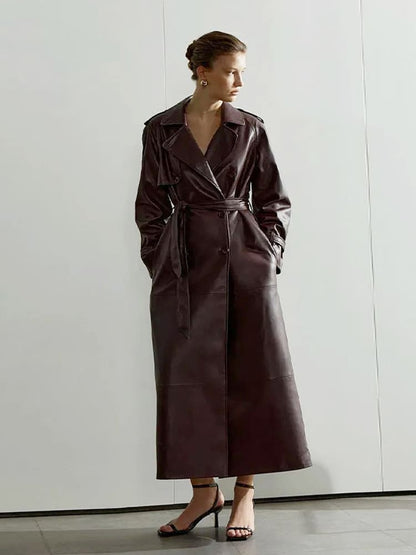 Lapel Pu Leather Trench Coat With Belted Waist
