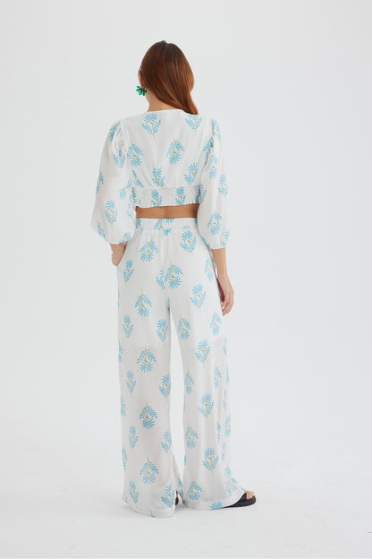 Print Puff Sleeve Knotted-front Tops Long Pants Suits