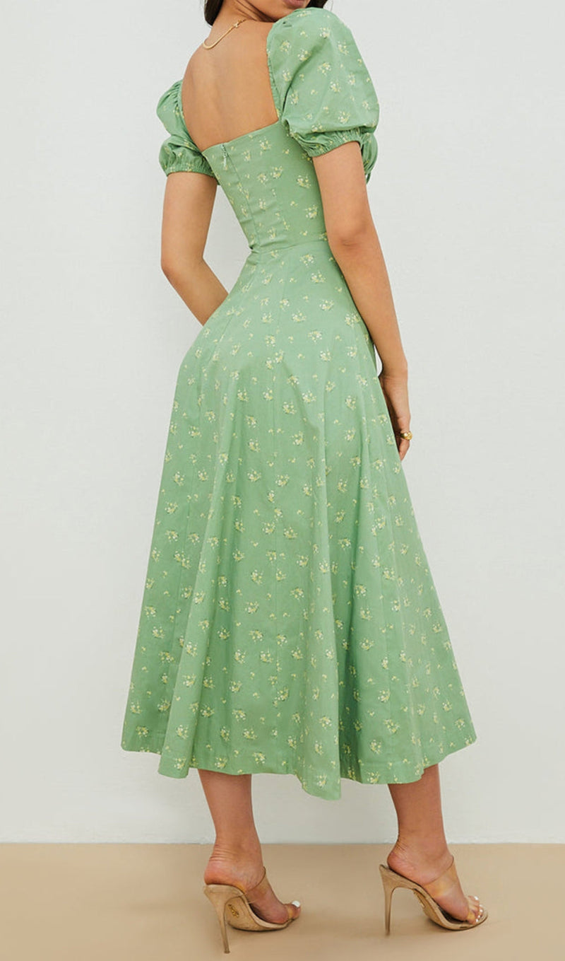 Puff Sleeve Midi Dress in Green