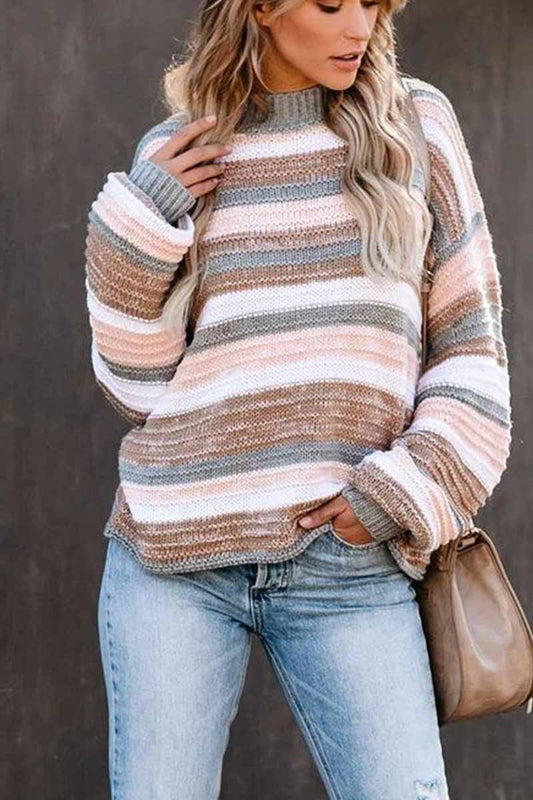 O-neck Stitching Striped Long-sleeved Sweater