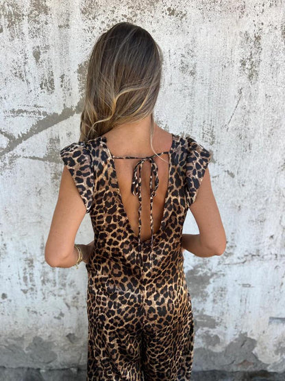 Leopard Print V-neck Jumpsuit With Front Pockets