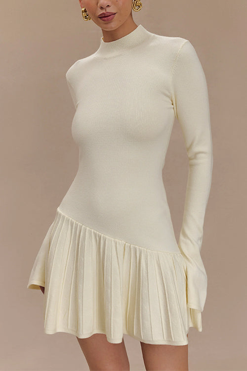 Mockneck Bell Sleeves Ruffle Mini Sweater Dress