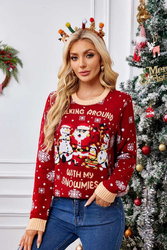 Crewneck Embroidered Sweater – Santa Claus & Penguin
