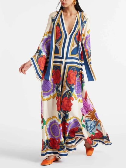 Exquisite Print Draped Waterfall Sleeves Maxi Dress