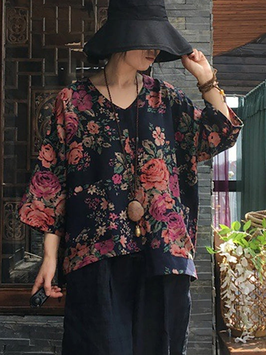 V-neck Long Sleeve Cotton Blouse Shirt Oo1030