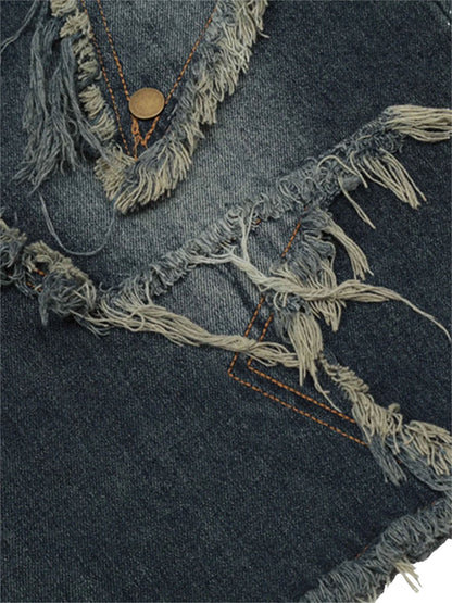 Star Patch Denim Shorts With Fringe