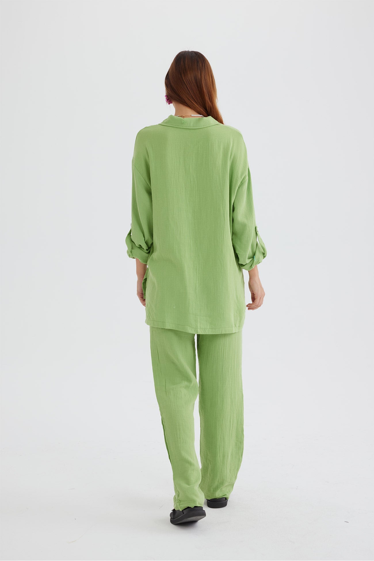 Long Sleeve Pocketed Slit Shirt Long Pants Suits